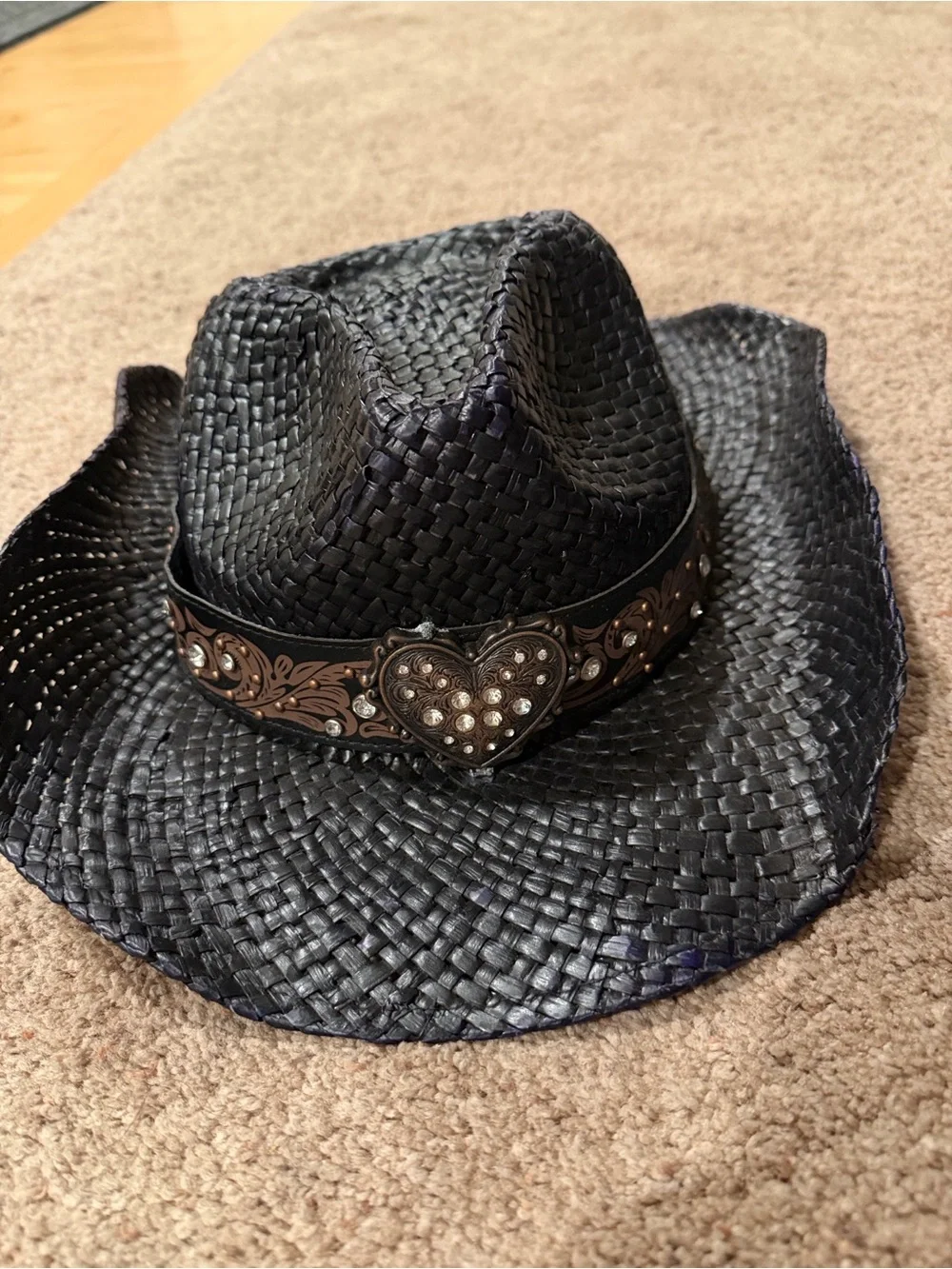Peter Grimm Black Woven Straw Western Hat with Decorative Brown Band